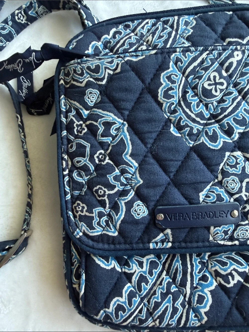 Vera Bradley Navy Paisley Quilted Crossbody with Light Blue Accents